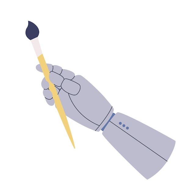 Hand eines Cyborgs oder Roboters hält einen runden Pinsel zum Malen Mechanische Handfläche mit Fingern Künstliche Intelligenz zeichnet Vektor flache isolierte Illustration