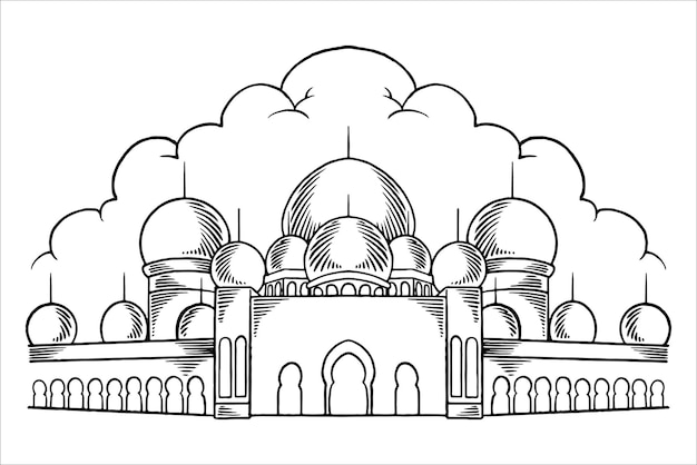 Hand gezeichnet oder skizze der großen moschee als islamisches ornamentelement für ramadan isoliert auf weißem hintergrund im schwarz-weißen stil