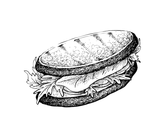 Hand gezeichnet vom gegrillten sandwich auf weißem hintergrund