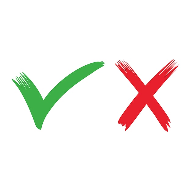 Hand gezeichnet von grünem häkchen und rotem kreuz isoliert richtiges und falsches symbol vektorillustration