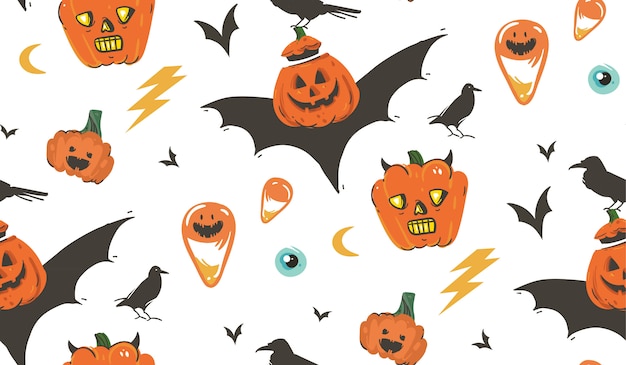Hand gezeichnete abstrakte karikatur glückliche halloween-illustrationen nahtloses muster mit raben, fledermäusen, kürbissen und moderner kalligraphie auf weißem hintergrund.