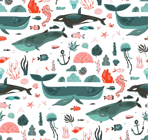 Hand gezeichnete abstrakte karikatur grafik sommerzeit unterwasser ozean boden illustrationen nahtloses muster mit korallenriffen, walen, killerwal lokalisiert auf weißem hintergrund.