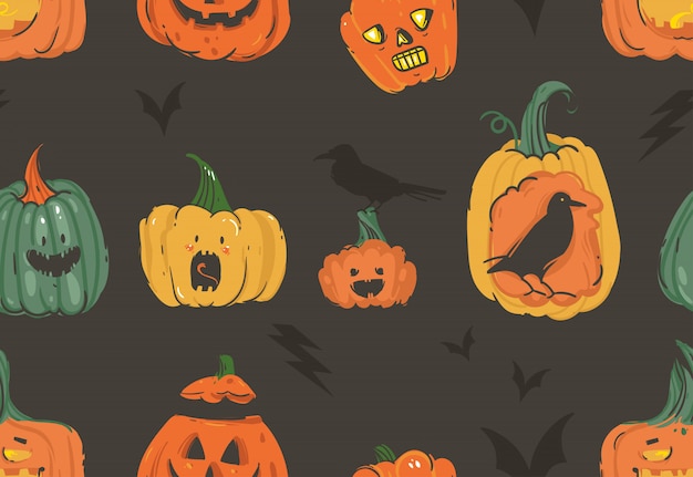 Hand gezeichnete abstrakte karikatur happy halloween illustrationen nahtloses muster mit kürbissen emoji gehörnten laternen monster, fledermäuse und raben auf weißem hintergrund