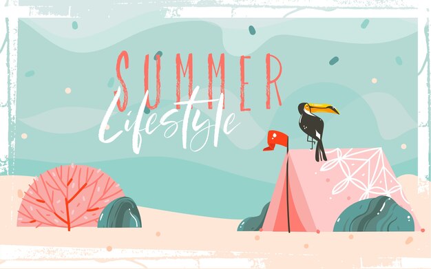 Hand gezeichnete abstrakte karikatur sommerzeit grafik illustrationen vorlage hintergrund mit meer sand strand, blaue wellen, tukan vogel, rosa böhmischen camping zelt und typografie zitat.