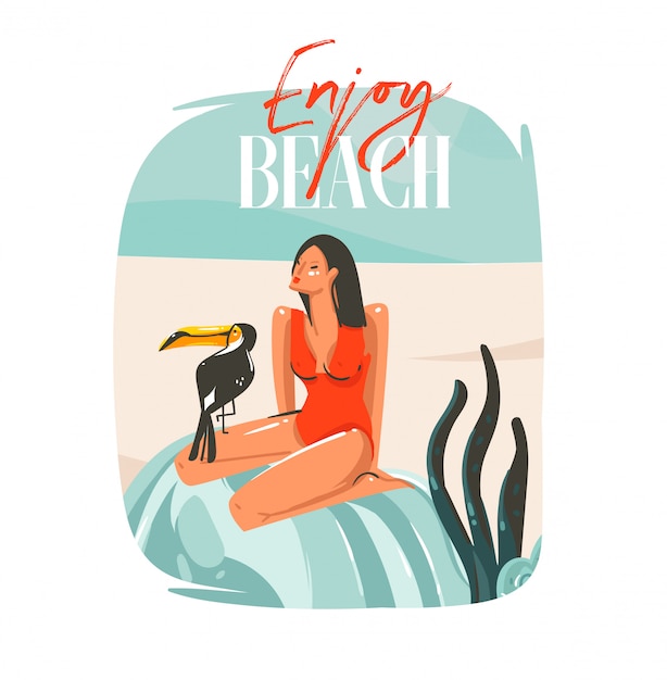 Hand gezeichnete abstrakte karikatur sommerzeit grafik illustrationen vorlage zeichen hintergrund mit mädchen, entspannend auf strandszene, tropischen vogel und genießen strand typografie auf weißem hintergrund