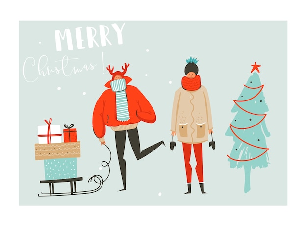 Hand gezeichnete abstrakte spaß frohe weihnachten zeit cartoon illustration mit gruppe von menschen in winterkleidung, viele überraschung geschenkboxen auf schlitten und weihnachtsbaum auf blauem hintergrund isoliert.