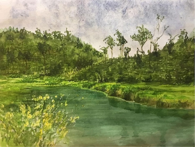 Hand gezeichnete Aquarellmeer- und Berggrünszenenillustration