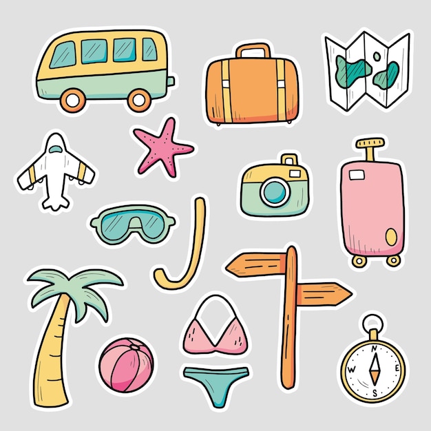 Hand gezeichnete aufkleber setzen reise-sommerferienelemente