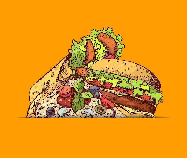 Hand gezeichnete farbige fast-food-burger, taco, pizza versammelten illustration