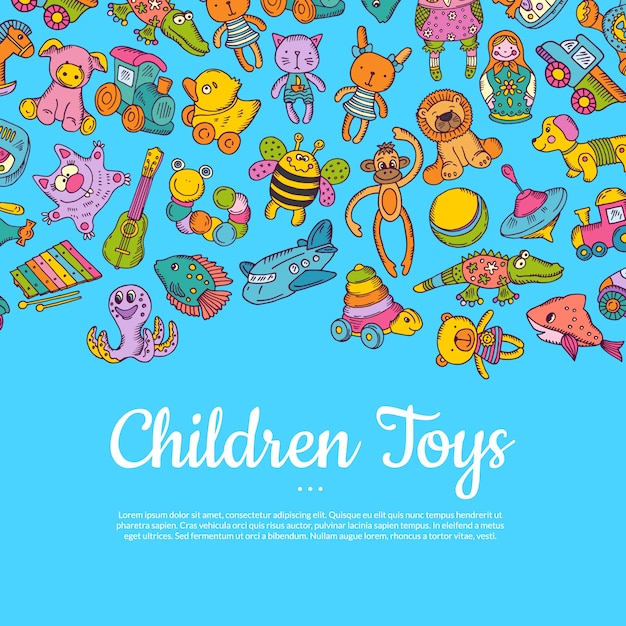 Hand gezeichnete farbige kinder oder kinderspielwaren mit platz für text auf blau
