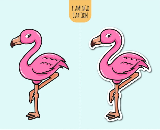 Vektor hand gezeichnete flamingo-cartoon-illustration mit aufkleber-design-option