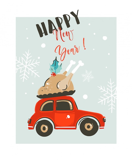 Hand gezeichnete frohe weihnachtszeit waschbär illustration kartenvorlage mit rotem auto liefert truthahn für abendessen und moderne typografie frohes neues jahr auf weißem hintergrund