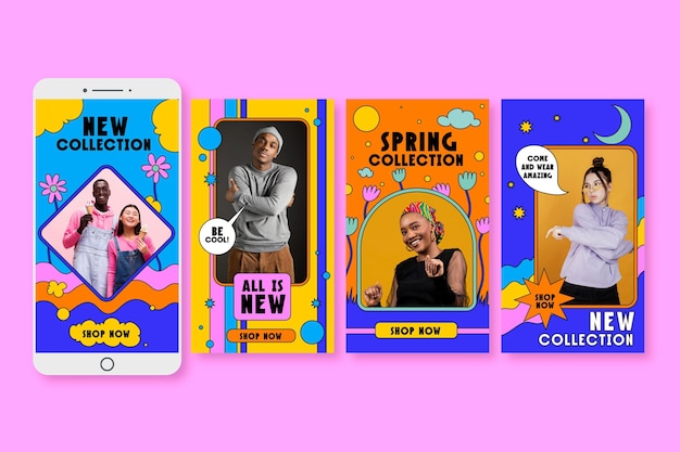 Hand gezeichnete groovy Verkauf Instagram Story Pack