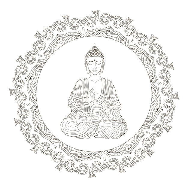 Hand gezeichnete Illustration des sitzenden Buddha im Mandala-Rahmen.