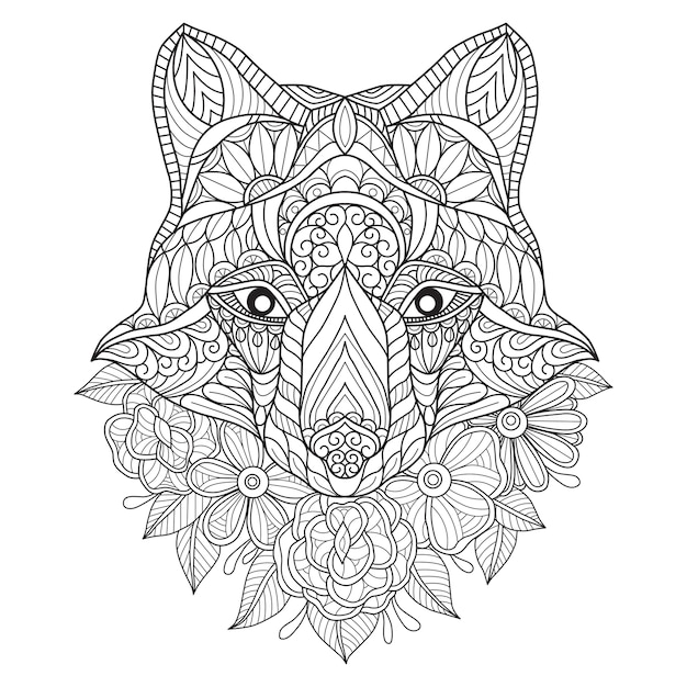 Hand gezeichnete illustration des wolfs und der blume.