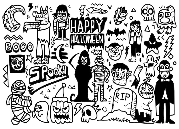 Hand gezeichnete illustration von halloween doodle set, illustrator linie werkzeuge zeichnung, flat design