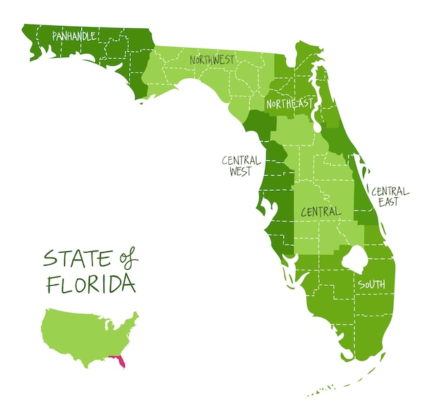 Hand gezeichnete karte von florida mit regionen und landkreisen