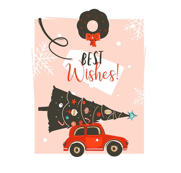 Hand gezeichnete karussellgrafik-illustrationskarten-entwurfsschablone der frohen weihnachtszeit mit rotem auto, weihnachtsbaum, mistelkranz und modernen typografie-besten wünschen lokalisiert