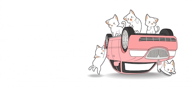 Hand gezeichnete kawaii katzen und rosa auto ist defekt
