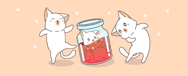 Hand gezeichnete kawaii katzencharaktere schauen babykatzen, die innerhalb der flasche