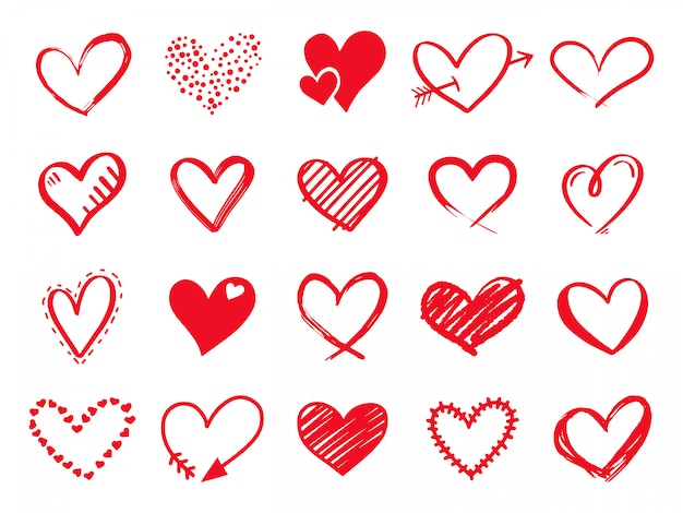 Hand gezeichnete kritzeln herzen. gemalte herzförmige elemente für valentinstaggrußkarte. gekritzel rote liebesherzenikonen gesetzt. sammlung auf romantischen symbolen auf weißem hintergrund