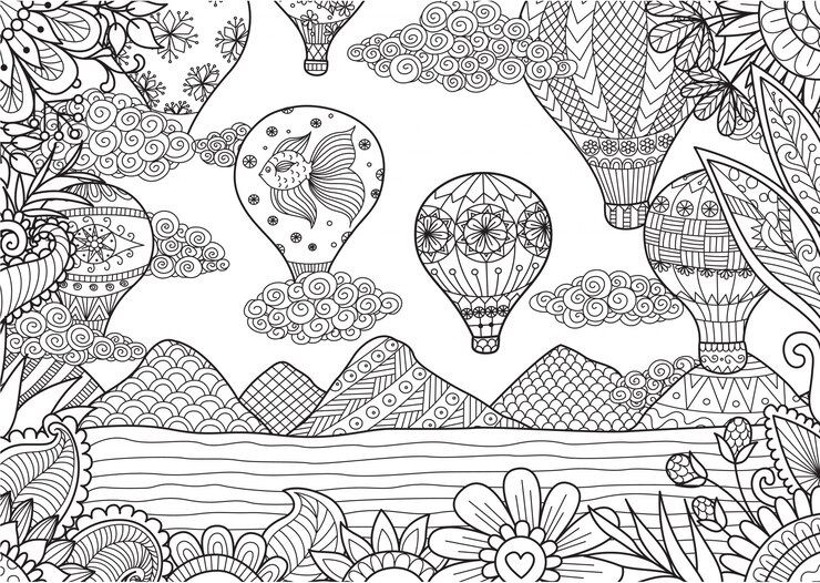 Hand gezeichnete Landschaft mit Heißluftballons