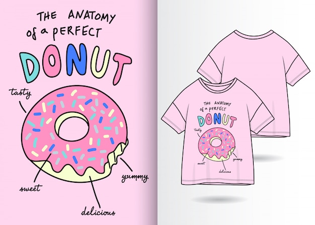 Hand gezeichnete nette donutillustration mit t-shirt design