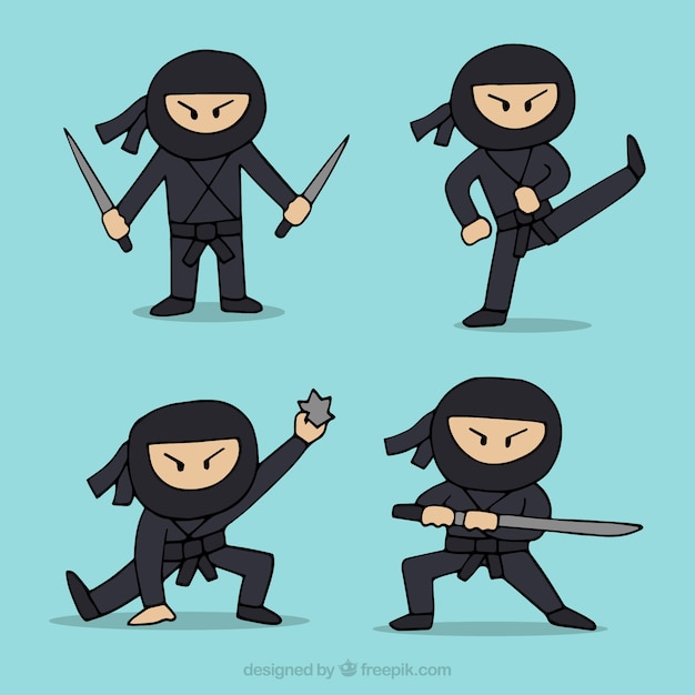 Hand gezeichnete ninja charakter sammlung in verschiedenen posen