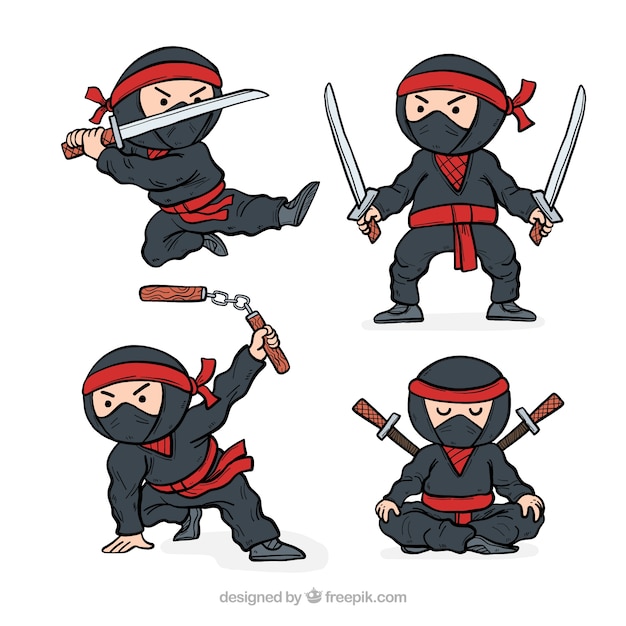 Vektor hand gezeichnete ninja charakter sammlung