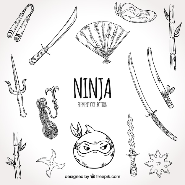 Hand gezeichnete Ninja-Kriegerelementsammlung