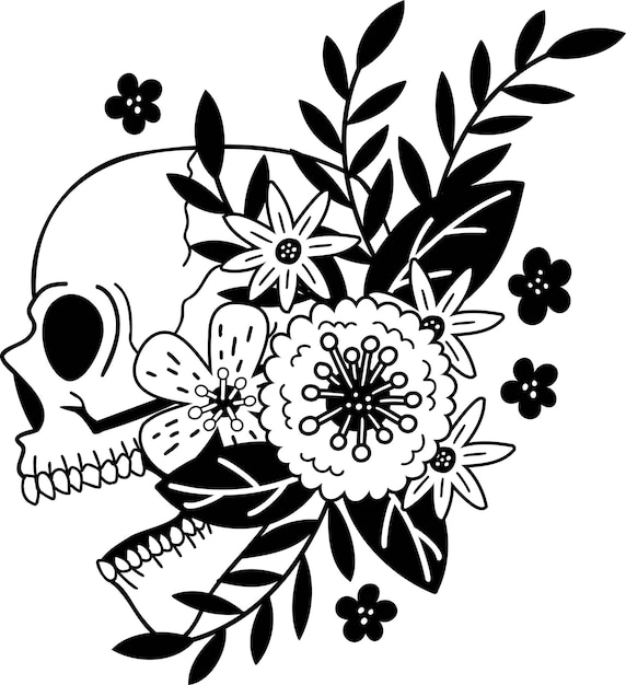 Hand gezeichnete schädel- und blumenillustration