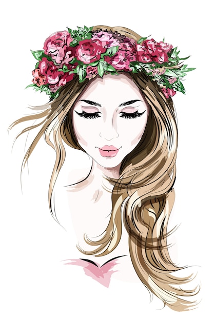 Hand gezeichnete schöne junge Frau im Blumenkranz