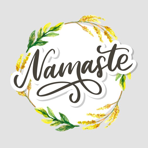 Hand gezeichnete schrift namaste in einem blumenrahmen. hallo in hindi.