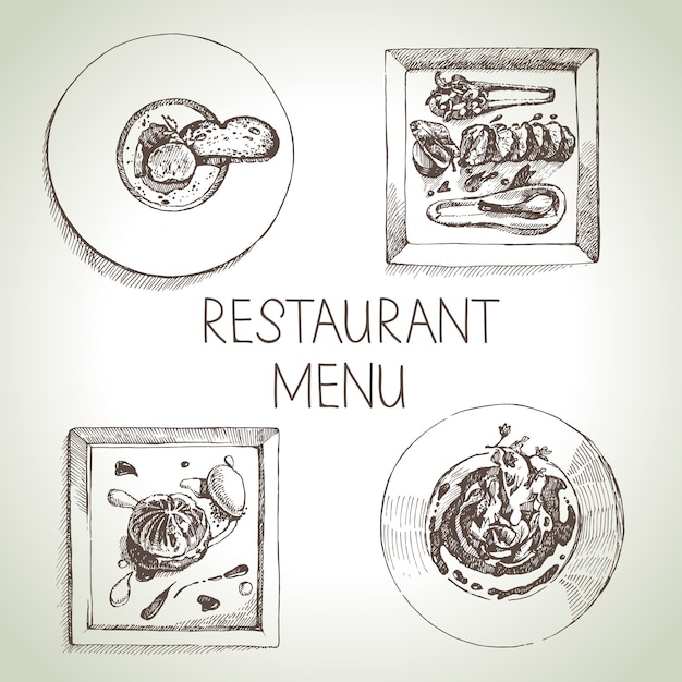 Vektor hand gezeichnete skizze restaurant essensset. europäische küche menü. illustration