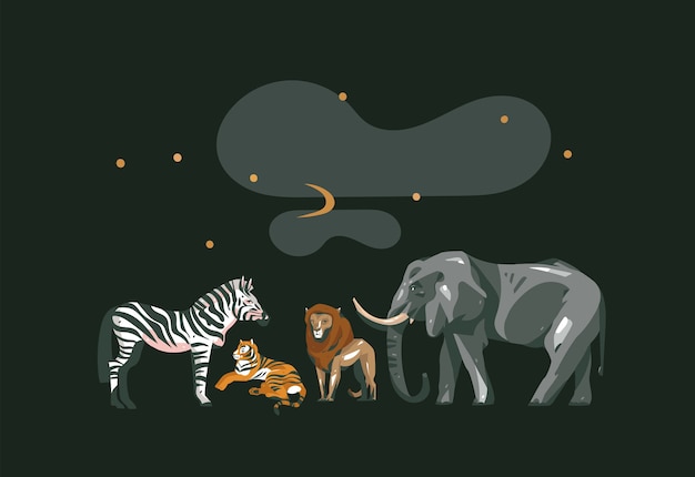 Hand gezeichnete vektor abstrakte karikatur moderne grafik afrikanische safari collage mit safari tiere isoliert auf schwarzem farbhintergrund.
