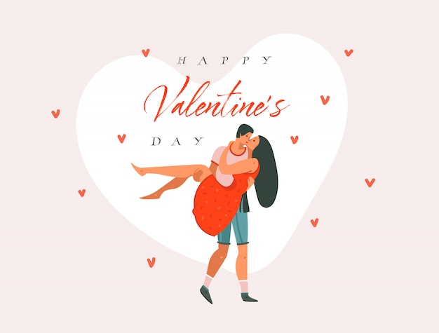 Hand gezeichnete vektor abstrakte karikatur moderne grafik happy valentines konzept illustrationen kunstkarte mit tanzenden paar menschen zusammen und happy valentines tag text isoliert auf rosa pastell hintergrund