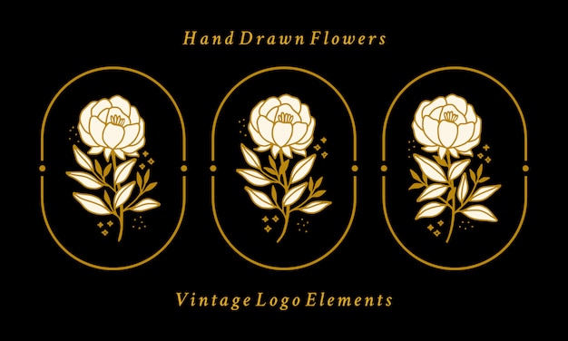 Hand gezeichnete vintage gold botanische pfingstrosenblume logo element sammlung