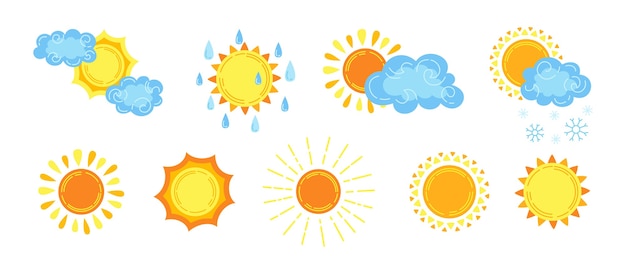 Hand gezeichnete Wetterkarikatur stellte mit Wolken und Sonne ein