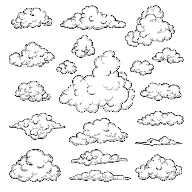 Hand gezeichnete wolken. wettergrafik symbole dekorative himmel vektor natur objekte wolkensammlung. illustration wolkenwetter, bewölkte vorhersage