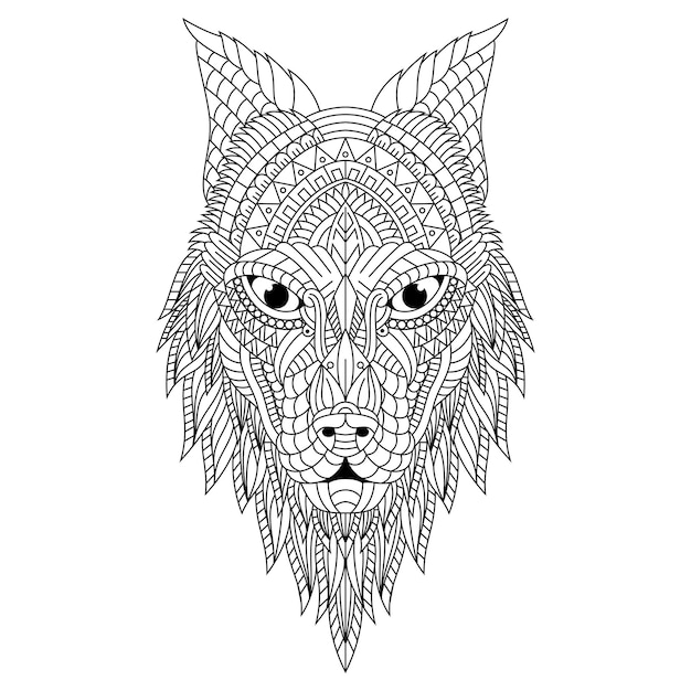 Hand gezeichnete zentangle wolfskopfillustration