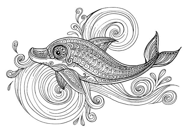 Hand gezeichneter Delphin mit Blätternmeereswelle