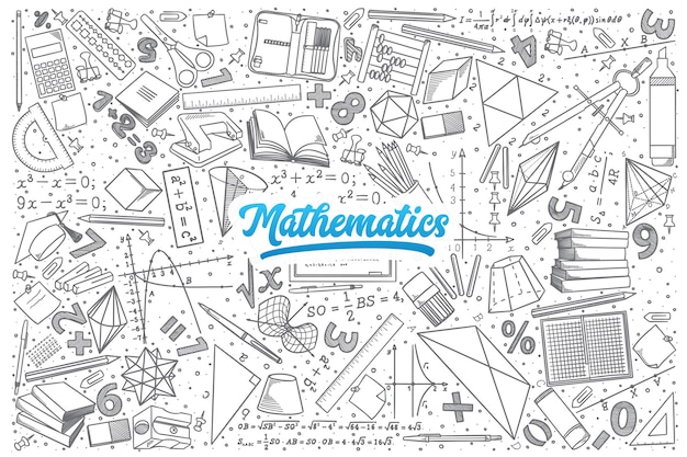 Hand gezeichneter mathematikkritzelsatzhintergrund mit blauer beschriftung