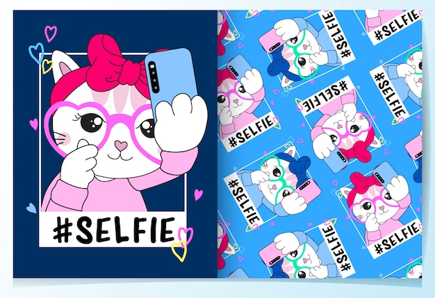 Hand gezeichneter netter Katze selfie Mustersatz