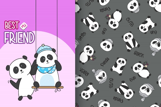Hand gezeichneter netter Panda mit Mustervektorsatz