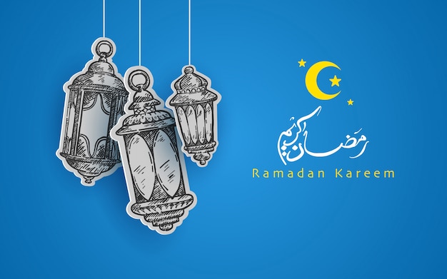Vektor hand gezeichneter ramadan kareem. islamisches design mit schönen farben und kalligraphien.