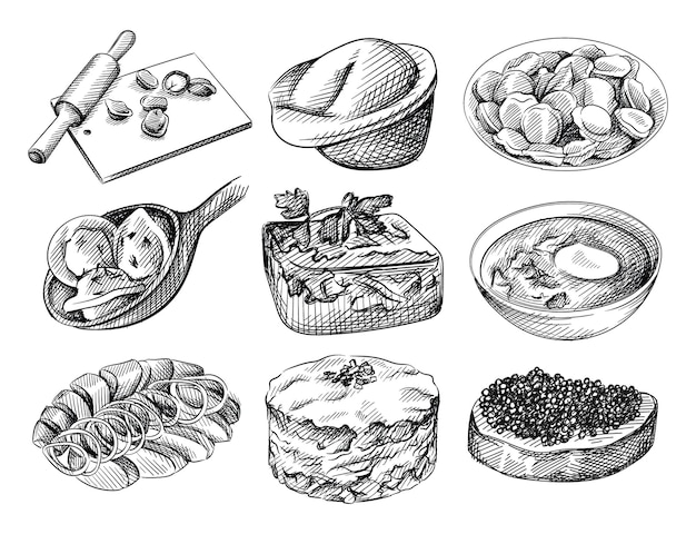 Vektor hand gezeichneter skizzensatz der russischen küche. brett mit knödel und nudelholz, knödel in teller, knödel auf löffel, aspik, gelatineschale, borschtsch mit saurer sahne, geräucherter hering und kartoffel, salat