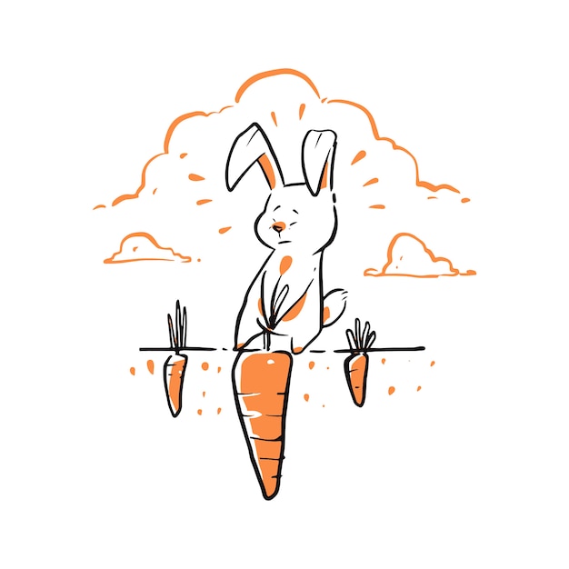 Hand gezeichnetes kaninchen, das große karotte zieht