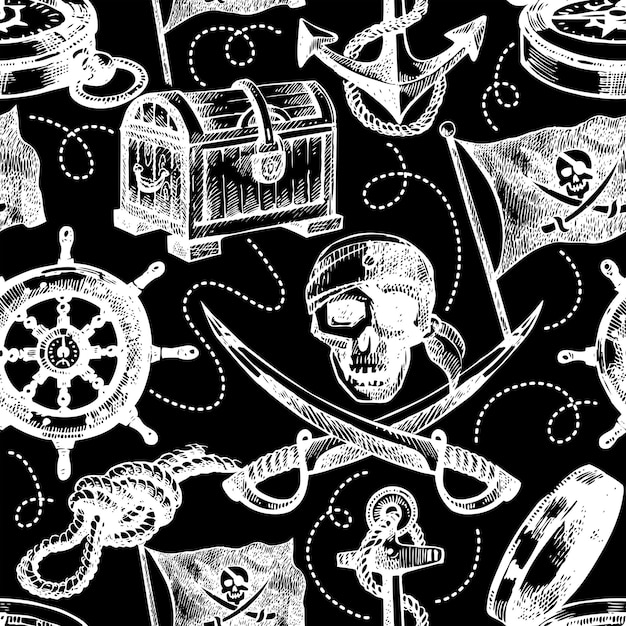 Hand gezeichnetes nahtloses muster des piraten. skizzenvektorillustration