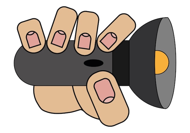 Hand hält eine Taschenlampe isoliert auf weißem Hintergrund im Cartoon-Stil in Vektorgrafik
