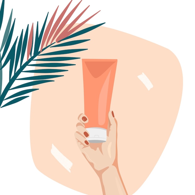 Hand hält eine tube mit cremefarbener kosmetikmaske vor dem hintergrund tropischer blätter
